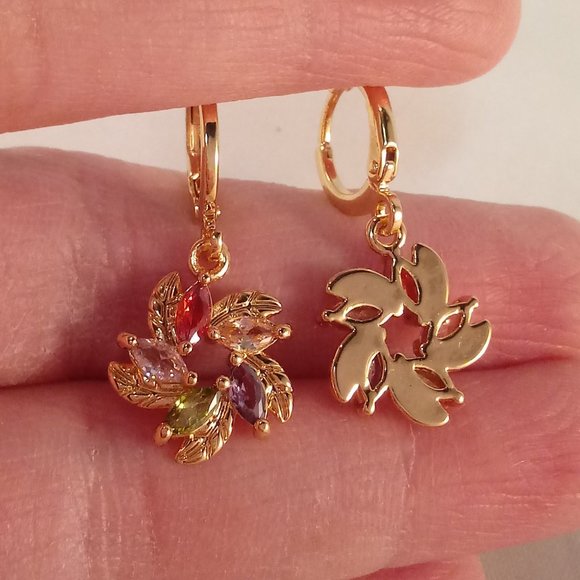 18K Yellow Gold Filled Flower Leaf Swirl Marquise Diamond Zircon Dangle Earrings - Picture 4 of 4